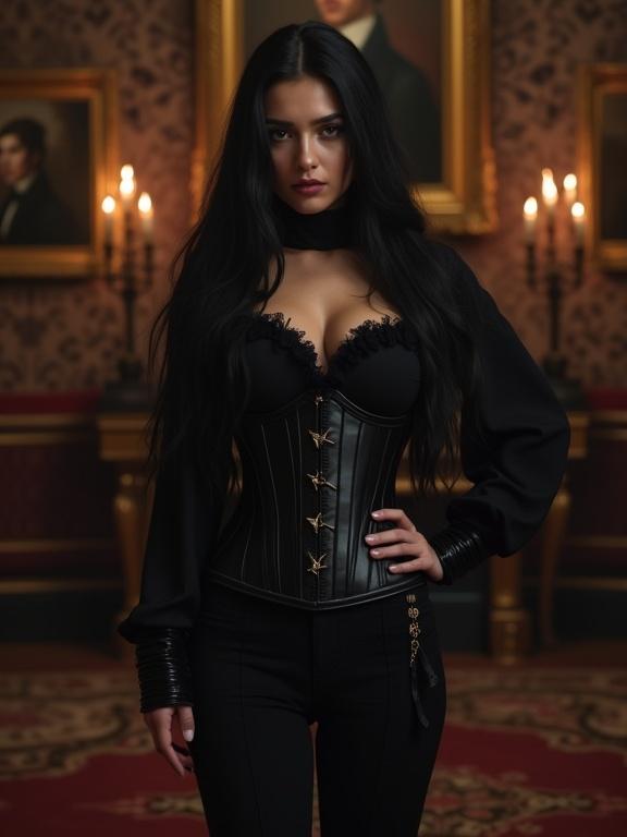 Young woman in a black Hussar uniform corset. Full body visible from head to boots. Long black hair and intricate corset details. Shadowy room with fine carpets and candlelight. Black trousers and boots.