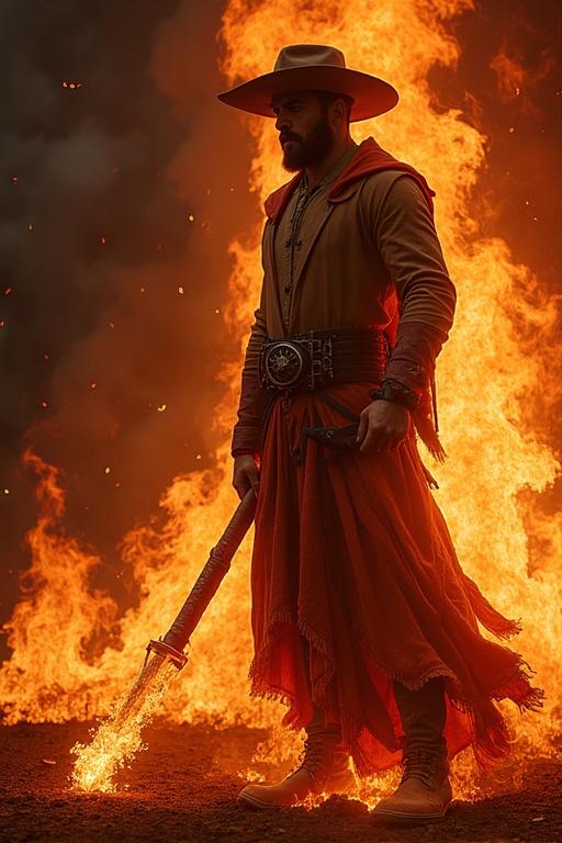 Powerful mage with a staff surrounded by flames. The mage wears a dramatic costume and stands confidently. Fire blazes in the background, creating a mystical atmosphere. The scene emphasizes magic and strength.