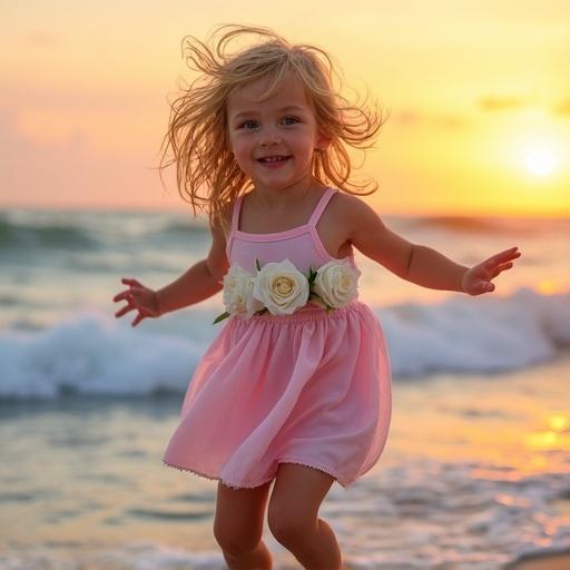 A young girl jumps on the beach at sunset. She has blond wild hair and green eyes. She wears a pink dress adorned with white roses. Her feet are bare. High waves crash in the background.
