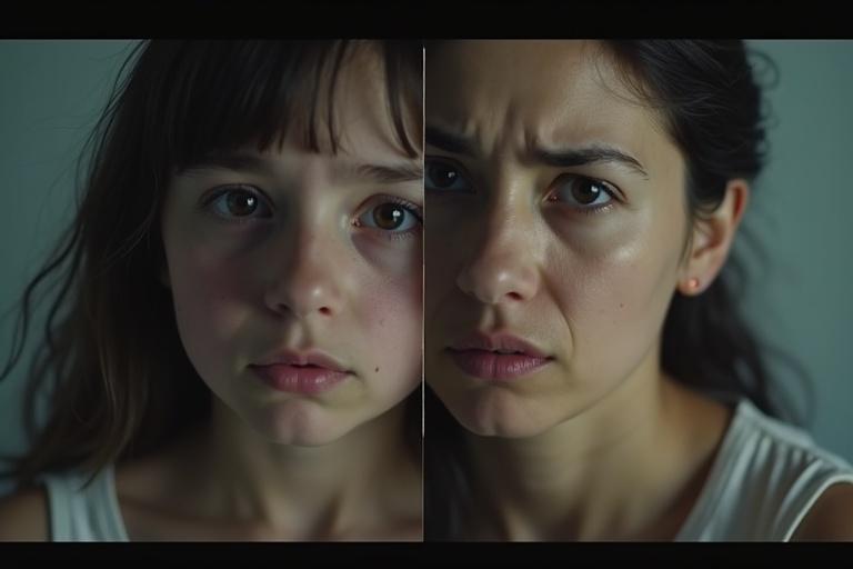 A split-screen image features a teenage girl with a pensive expression on one side. On the other side, a worried mother looks concerned. The colors used are muted and neutral.