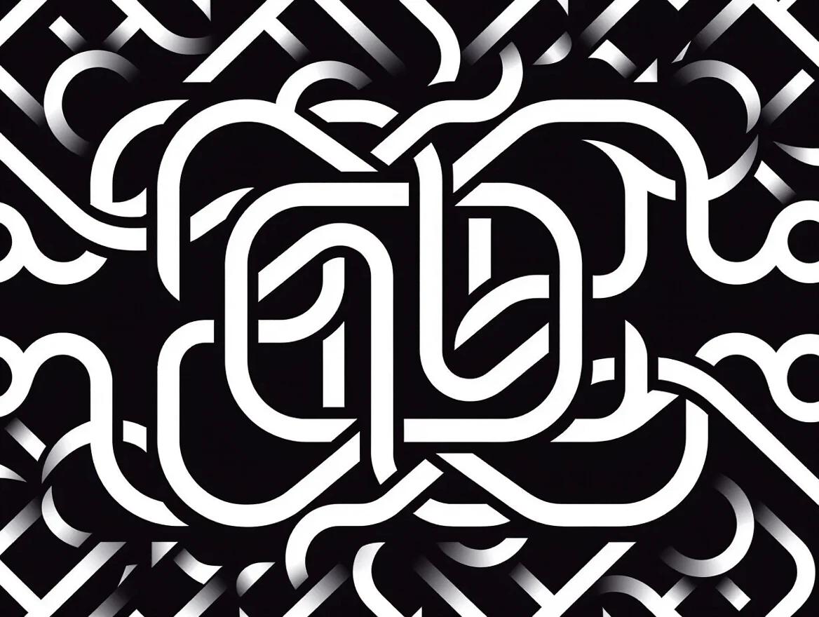 The image is a minimalist and abstract logo. It features a white design on a black background. The logo has interconnecting shapes resembling letters. It displays modern aesthetics suited for technology or fashion brands. High contrast highlights the logo's details, making it striking. Such designs aim to convey innovation and creativity.