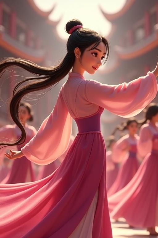 Animated woman inspired by Mulan with long hair in side pigtails. She wears a pink silk hanfu. She dances in a Chinese castle surrounded by women in similar attire.