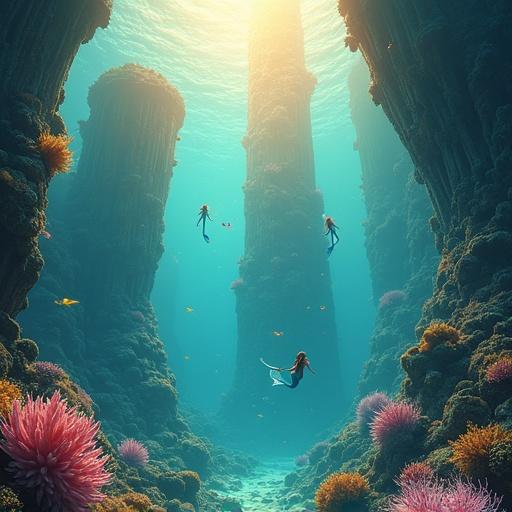 An upward shot reveals an underwater city with coral towers and glowing crystals. Mermaids swim gracefully between the spires. Warm golden light filters from above. The scene has vibrant and ethereal tones. Coral gardens and ancient ruins are visible in the foreground.