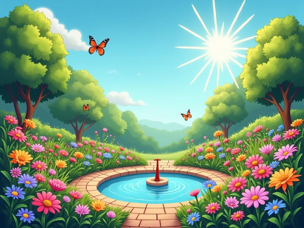 A serene garden scene illuminated by a bright sun. Colorful flowers in full bloom surround a central circular fountain. Butterflies flutter around the blossoms, enhancing the lively atmosphere. Lush green trees form a border around the garden. This picturesque landscape evokes feelings of peace and happiness.