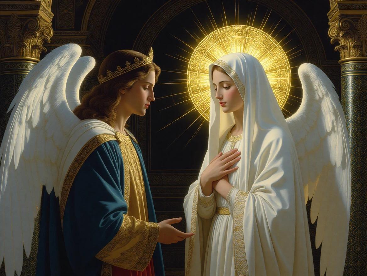 A classical painting depicts the Annunciation scene in a dimly lit interior. The Virgin Mary wearing a flowing white veil. A luminous golden halo encircles her head, casting a soft glow on her face. The Archangel Gabriel stands before her, wings spread wide wearing flowing robes in blue and gold. Hyper-realistic digital painting, intricate details, vibrant colors, classical religious style with a modern finish.