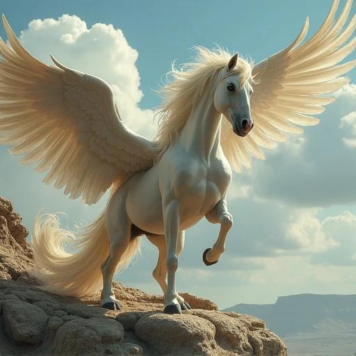 A majestic Pegasus with wings spreads from a rocky terrain. The creature exhibits detailed features and an ethereal aura. The scene is set against a clear sky with clouds.