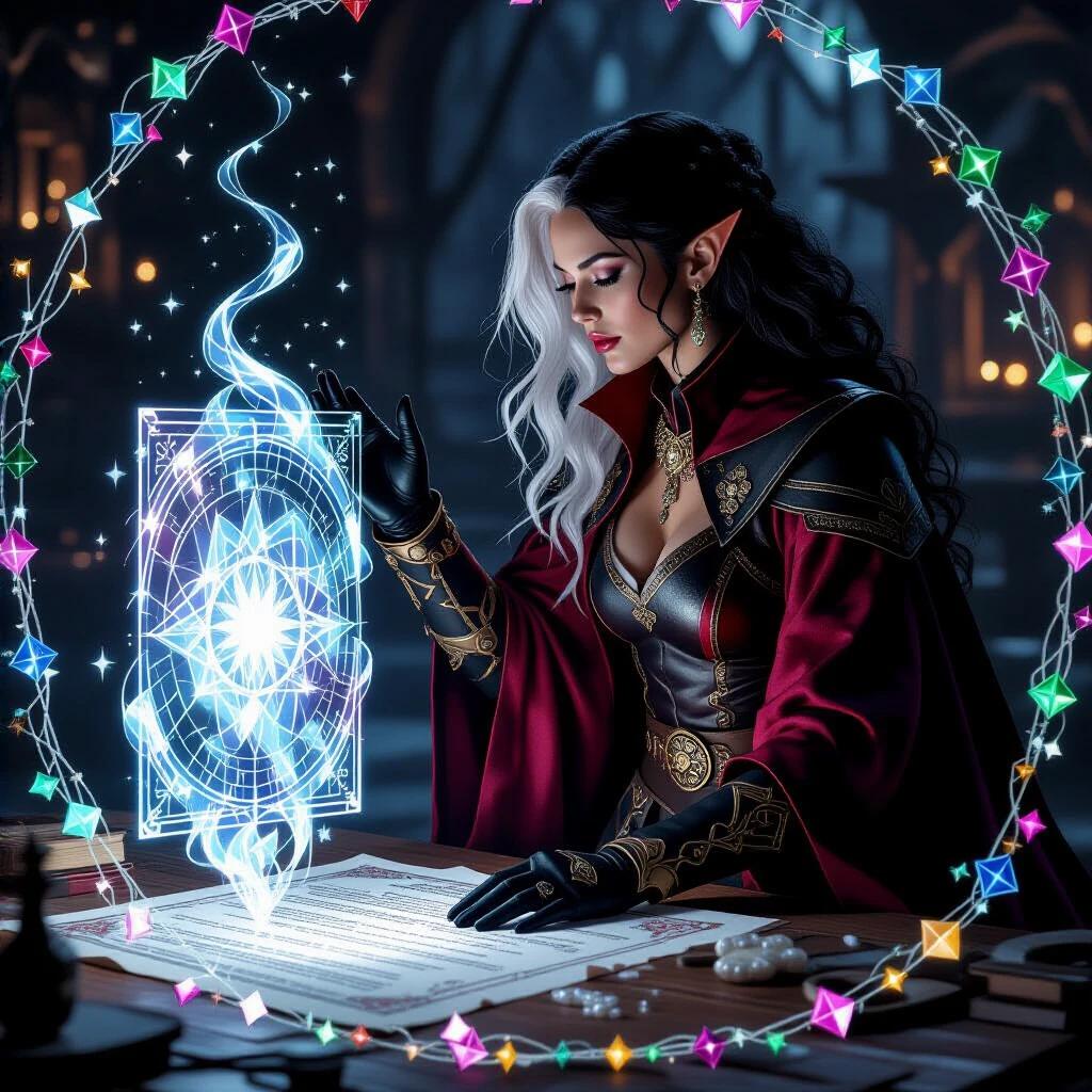 In a dimly lit room a silhouette of a mage-woman has black and white-red hair. She wears a leather doublet and high canvas boots with ornate emerald-gold strap. She observes a hologram emitted from a modernized web-like picture tube on her left glove while casting a wind spell over a colorful sheet of paper. Intertwined fluorescent optics shoot like golden harmony haze. She wields a brush dipped in warm colors ink creating a serpentine river sign with intricate tributaries.