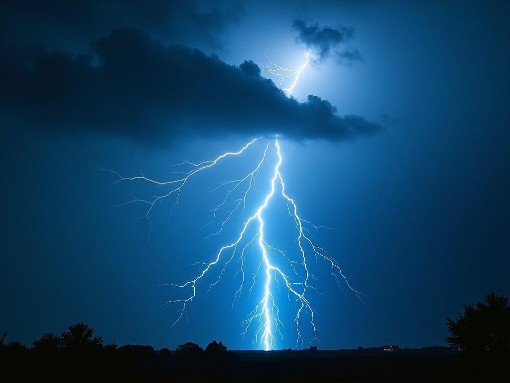 A dramatic scene of a powerful lightning strike illuminating a stormy sky. The image features vibrant blue tones contrasting with dark, ominous clouds. The lightning appears to branch out dramatically, creating an awe-inspiring view. This visual evokes feelings of intensity and power, reminiscent of heavy metal music. The overall atmosphere is electric and charged, making it perfect for album art or music-related themes.