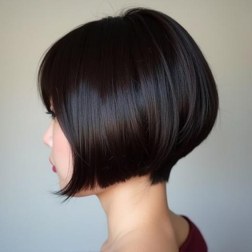 Short straight hair styled elegantly. Soft lighting highlights the shine. Profile view captures the modern bob cut. Attractive silhouette emphasizes hair texture. Suitable for beauty and fashion themes.