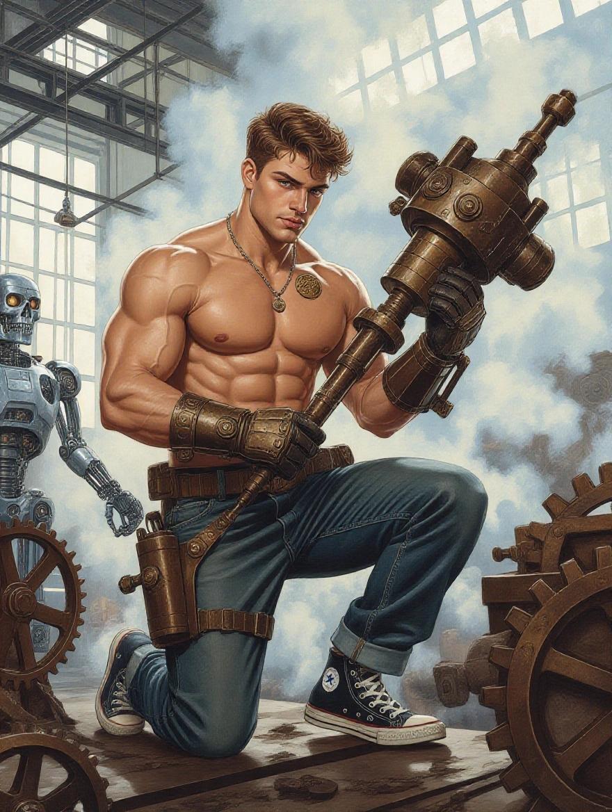 Hyperrealistic oil painting of a shirtless muscular man in steampunk attire. He wears Converse shoes and holds a mechanical tool. The setting is a gear factory with steam and smoke. A robot is seen in the background.