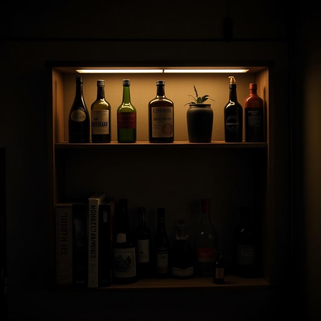 Dimly lit shelf features vintage bottles and books. A cozy atmosphere with soft lighting. The focus is on the illuminated collection. A mix of glass bottles sits alongside books.