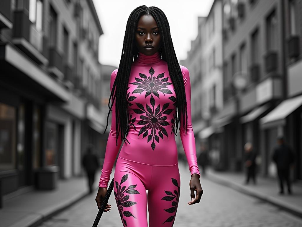 Model wearing pink latex suit poses in a dark city. Black flower patterns adorn the suit. Woman holds a Katana. She has a mad expression. Long braided hair flows. City appears in grey tones. Highly detailed and realistic.