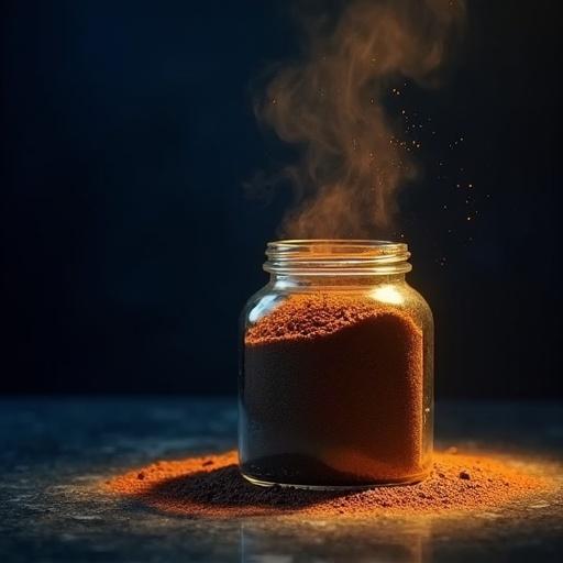 Dark moody photography of a spice jar. Spotlighted with warm golden light against a dark blue background. Dust particles in the air. Cinematic atmosphere. Style is luxurious and mysterious.