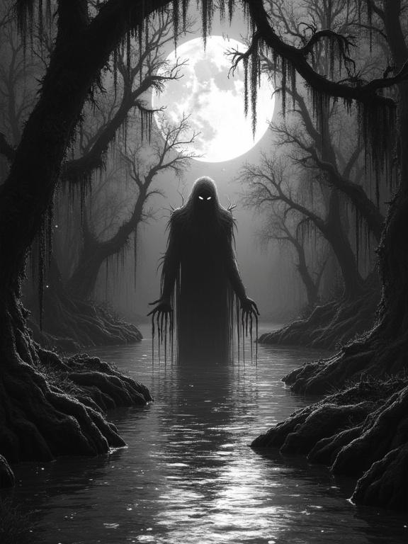 Book cover depicting Nyarlathotep in bayou waters under a full moon. Cypress trees covered in moss surrounding the scene. Black and White HD, inspired by Frank Frazetta.