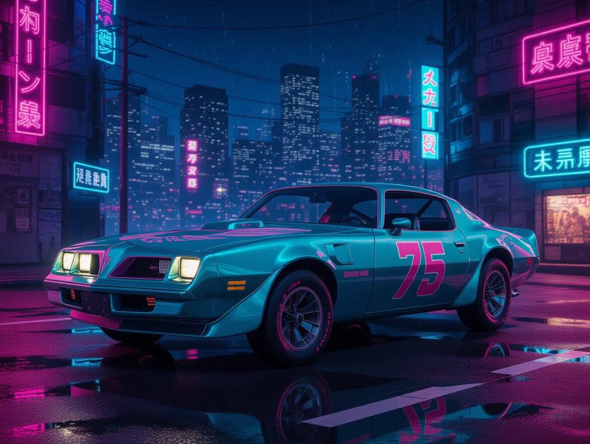 A 1976 Pontiac Trans Am parked in a cyberpunk city at night. Car is teal and pink with a screaming chicken logo. Neon lights illuminate the surroundings and create reflections on the pavement.