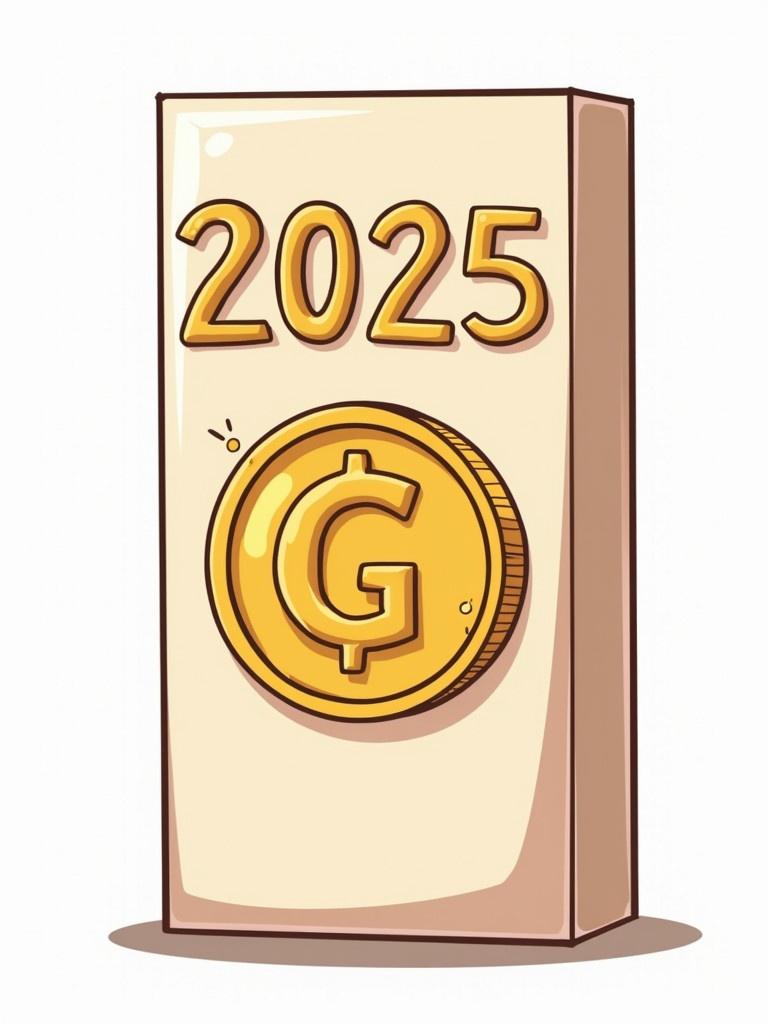 Cartoon style lotion box designed as a gold coin featuring the year 2025 and the letter G.