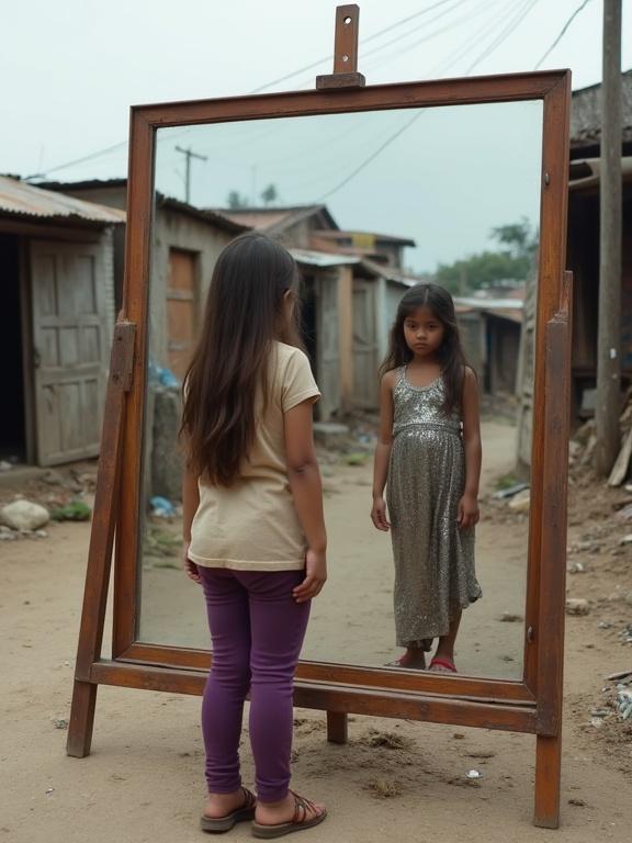 A young girl stands in front of a large wooden mirror mounted on an easel. She wears a beige t-shirt and purple pants. The girl gazes at her reflection wearing a silver sequin dress and red high heels. The background features shacks and debris in a slum area, under an overcast sky suggesting a somber mood.
