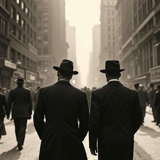 A grainy old photograph showing two men in suits walking down a street. The scene is set in Chicago with tall buildings in the background.
