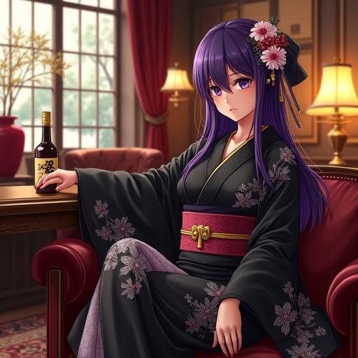 Beautiful woman wears a black kimono with floral patterns. She sits on a vintage leather sofa in a retro lounge. The setting has warm lighting and classical jazz ambiance. A bottle of alcohol is on the table beside her. The background features a serene view outside a window.