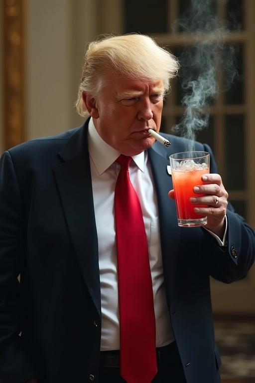 A man in a suit with blonde hair holds a glass of drink and smokes a cigarette. The setting appears formal with a grand background. Focus on the drink and the smoking action.