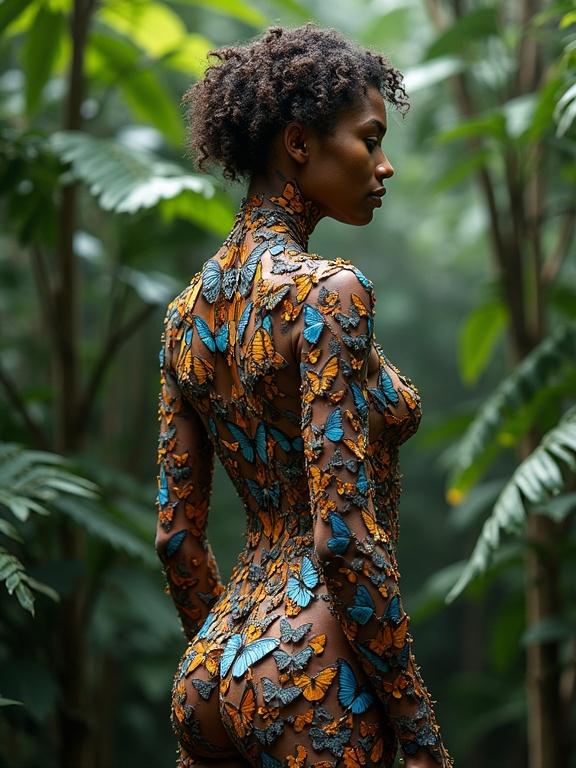 A nude woman stands in a tropical jungle. She is covered in colorful butterflies. The butterflies mimic her body shape perfectly. Sunlight streams through the tree canopy, creating shadows. The setting is vibrant and surreal.