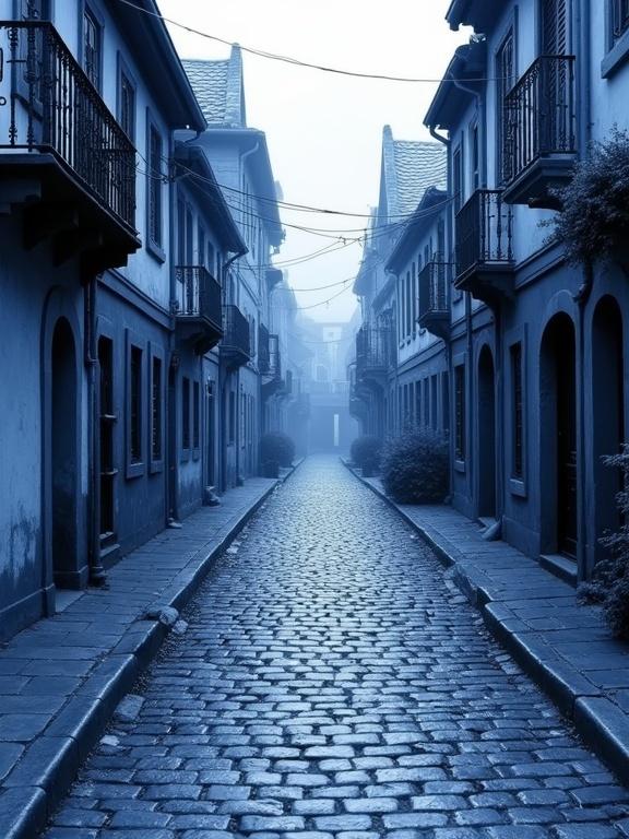 Monochromatic image of a cobblestone street in blue and black hues. Wet watercolor aesthetic. Narrow street flanked by buildings.
