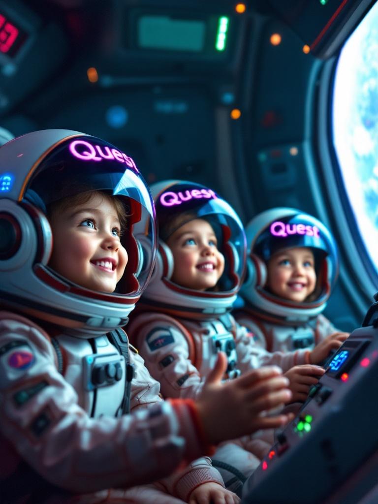 Scene in the cockpit of a retro-futuristic rocket with three enthusiastic children. They wear high-tech space suits and helmets with 'Quest' written in purple. Large window showing the outside space. Playful design with colorful buttons and lights. Cabin vibrates gently during liftoff. Children gaze out with wonder and excitement.