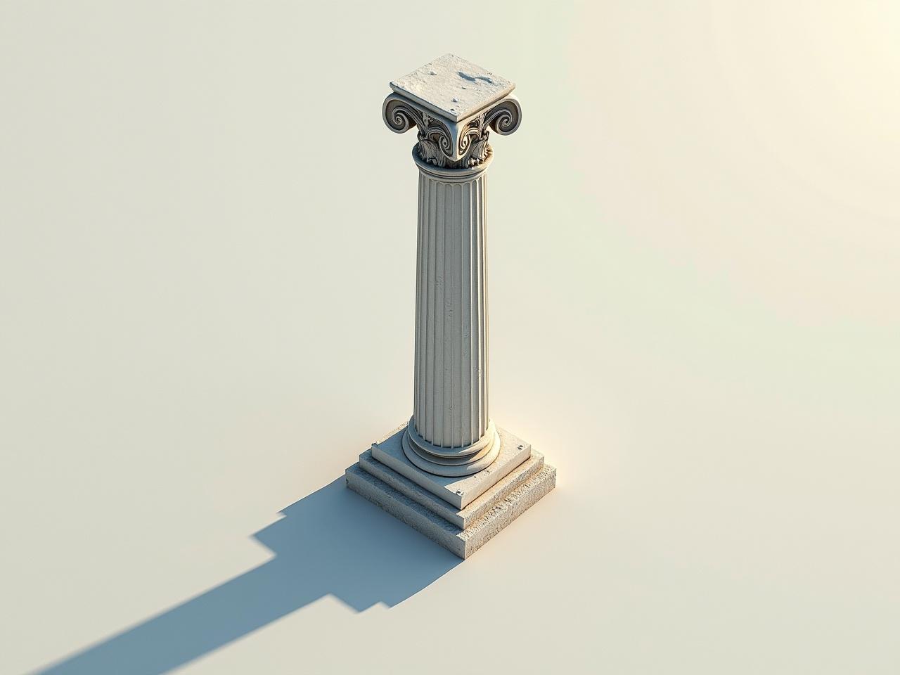 A lone Corinthian column rises from the ground. View from above at a diagonal angle. The column casts a long shadow to the left.