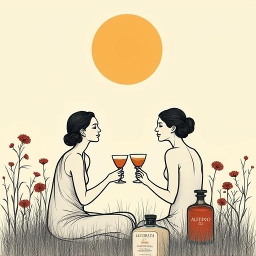 Minimalist line art drawing of two Venus goddesses. They are shirtless and seated in wildflower field. They are toasting with cocktail glasses. An apothecary bottle labeled 'ALFRUNO' is present with a golden glow. The artwork features bold outlines with a beige background. Inspired by zen art, emphasizing simplicity and elegance, creating a mysterious calm atmosphere.