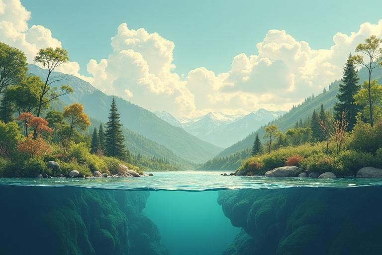 A serene landscape depicting mountains lush forests with vibrant trees and clear blue water. The image features an underwater view showcasing rocks and aquatic plants. The scenery emphasizes natural beauty and climate adaptability.