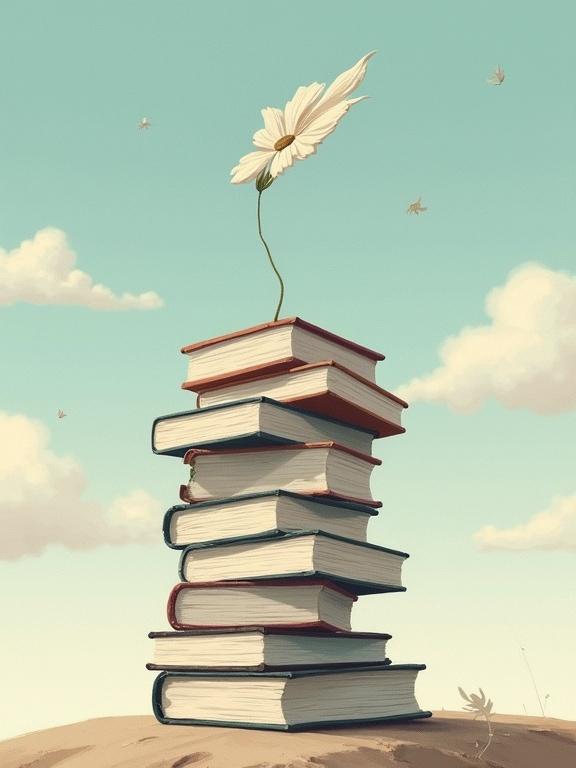 A stack of books with a flower growing from the top. The scene feels dreamlike and minimalistic. Abstract forms and textured brushwork are present in the painting style. Floating pages rise into the sky, creating a timeless and weightless atmosphere.
