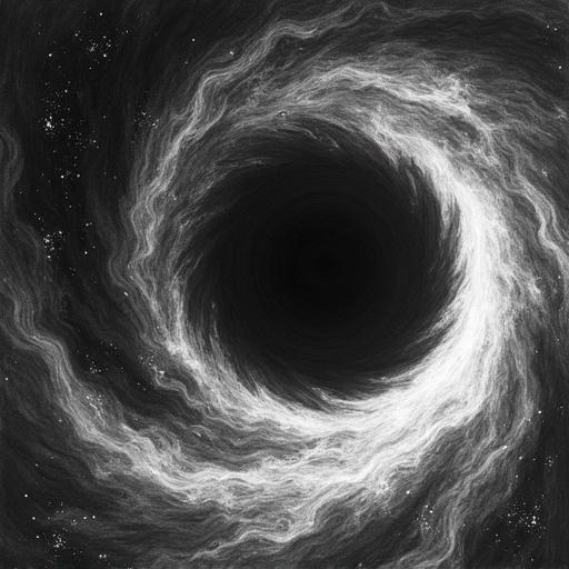 Black and white graphite sketch depicts a spiral black hole in dark space. The artwork portrays swirling elements around a deep black center, with fine details mimicking cosmic textures. The composition relies on contrasts between light and dark, showcasing a mysterious yet fascinating cosmic phenomenon.