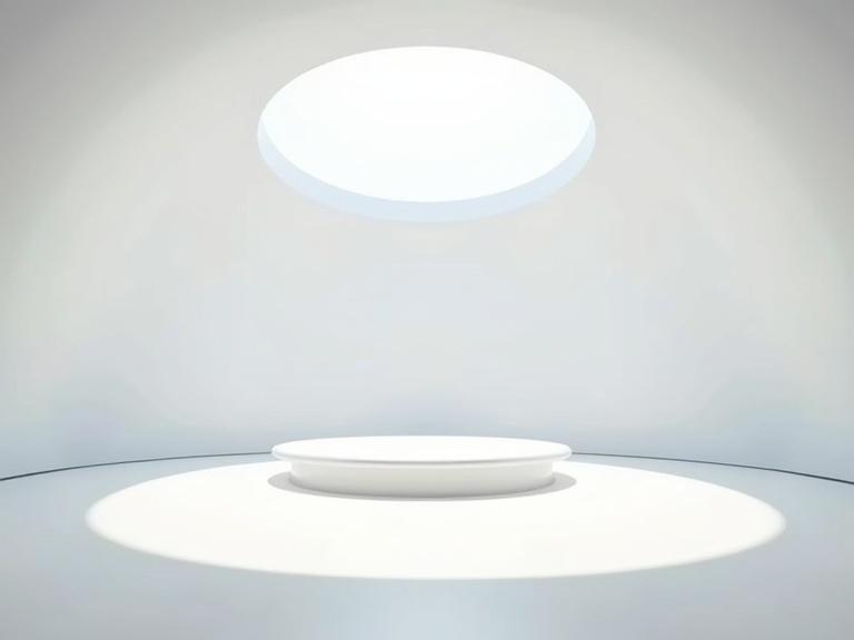 Interior of large scale UFO with white smooth floor and round dome ceiling. Central tall organic platform is present. Bright sunlight casts shadows and reflections. Sleek aesthetic creates a futuristic atmosphere.