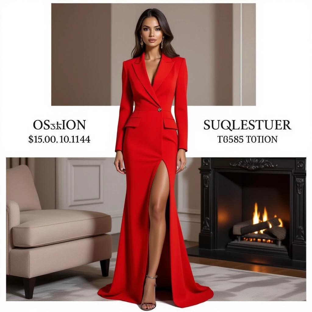 Woman wearing a red suit. The suit is fitted with a long skirt and high slit. The setting has a cozy ambiance with a fireplace and modern furniture. The look showcases elegance and modern fashion trends.