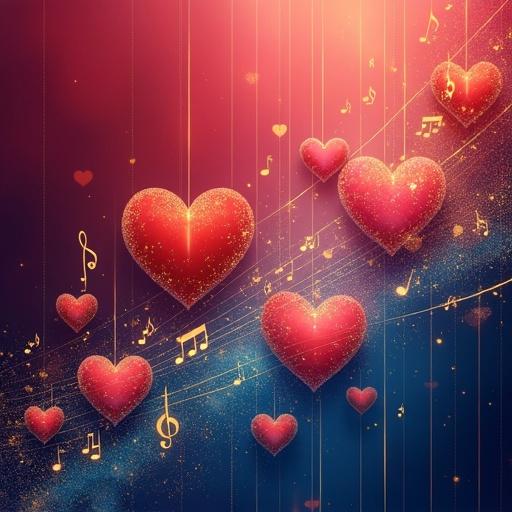 A symphony of musical notes transforms into heart shapes creating a river of rhythm and romance. Ruby red fades into sonic blue with golden accents. Sound waves interlace with romantic symbols, adding depth. Rose undertones warm the dreamy atmosphere. Metallic highlights shimmer across the flowing pattern. A blend of heart shapes and musical elements illustrates the connection between music and emotion.