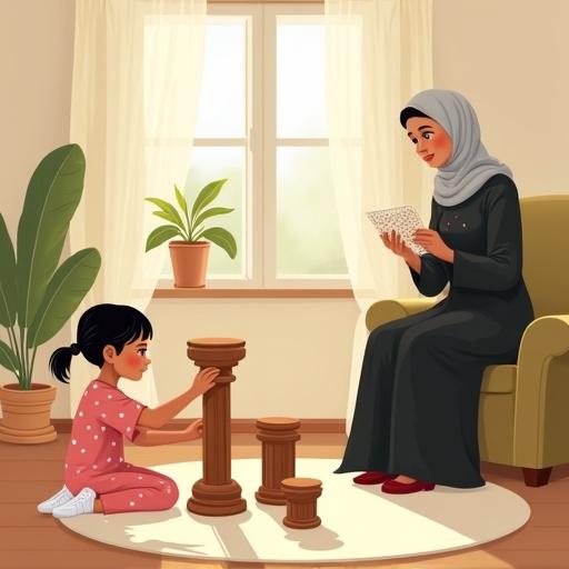 Cartoon illustration for children's book. Cozy grandmother's room. Off-white curtains. Round rug. Olive-green chair. Soft sunlight. Potted plant on window sill. Faceless girl arranging wooden pillars. Girl named Layla, wearing pink dress with white polka dots. Grandmother holding crochet work in black dress and gray hijab. Captures warmth and encouragement. Space for text.