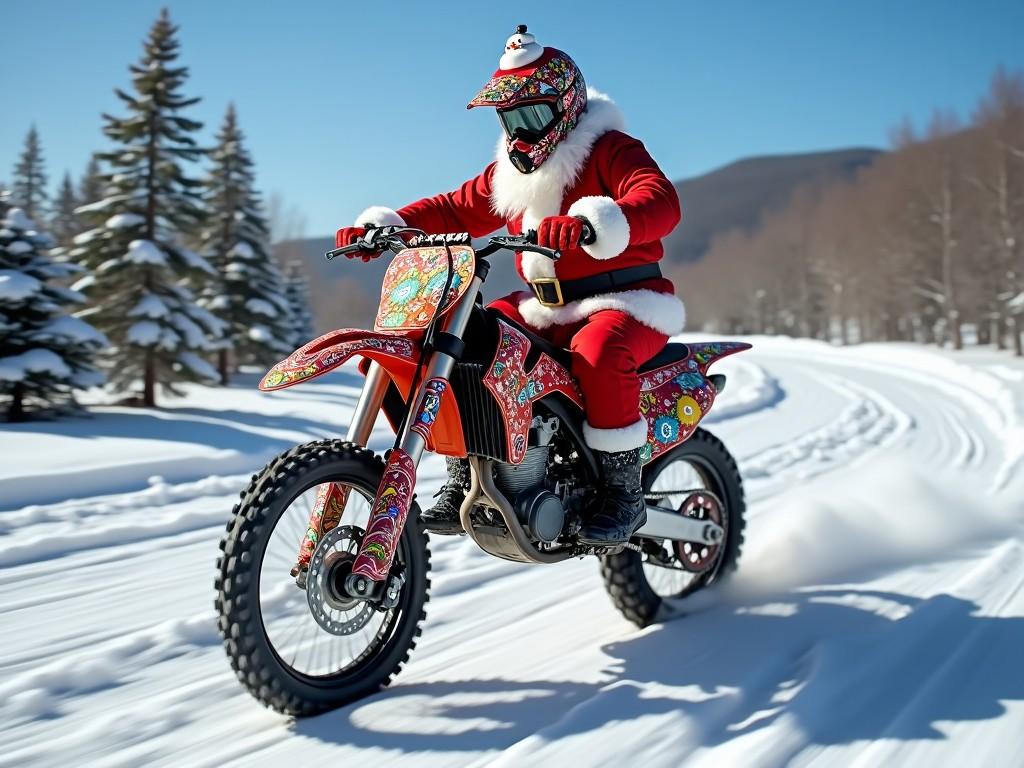 Santa Claus riding a decorated dirt bike in a snowy landscape, enjoying a winter adventure.