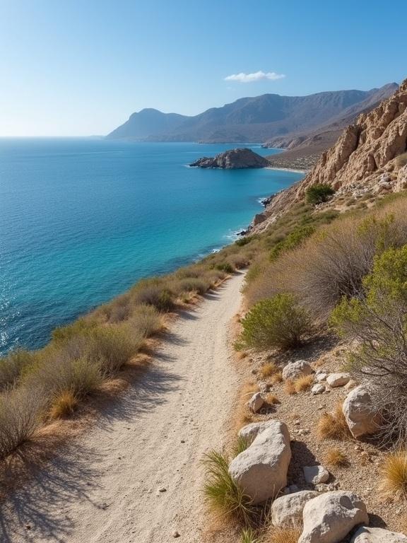 Socotra island features a rugged terrain with a sandy path leading alongside the turquoise waters. The stunning blue sky complements the scenic view of the coastline and distant mountains.