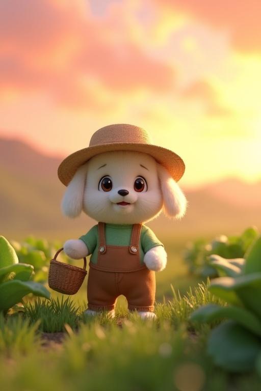 A fluffy white puppy stands on two legs in a cabbage field at dawn. The puppy wears a straw hat and green shirt with brown pants. It carries a basket and looks cheerful. The background features soft pink and orange skies, misty hills, and sparkling dew on grass.