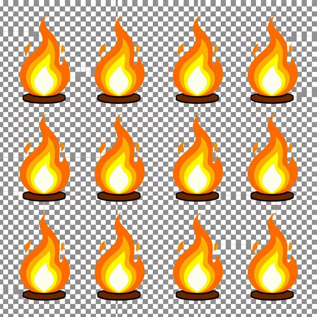 2D game texture sprite sheet of torch flames arranged in a grid. Smooth flames with glowing effect. Bright orange and yellow colors on transparent background. Suitable for seamless animation in 2D games.