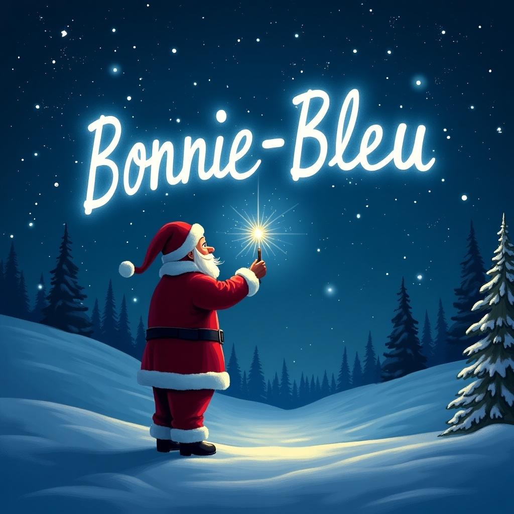 An enchanting and magical scene depicts Santa Claus standing in a snowy landscape at night. He is joyfully writing the name 'Bonnie-Bleu' in the sky with a soft, glowing light. The scene is illuminated by the stars, creating a whimsical atmosphere. Surrounding Santa are snow-covered trees, enhancing the winter wonderland vibe. The image captures the essence of holiday cheer and the spirit of giving.