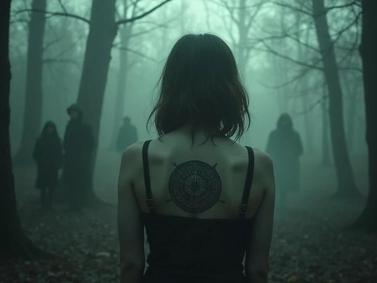 A misty scene in the Vienna Woods. A 10-year-old ghost girl stands facing away. Circles from Dante's Inferno are tattooed on her back. Shadows of researchers and gothic silhouettes of Vienna are visible in the background.