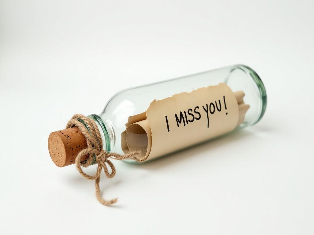 A glass bottle lies on a white surface, containing an old rolled-up parchment. The parchment is tied with a twine string, suggesting a message of importance within. On the paper, the words "I MISS YOU!" are clearly written in a heartfelt manner. The bottle has a cork stopper, sealing away the emotions captured inside. The background is simple and minimalistic to emphasize the bottle and its message.