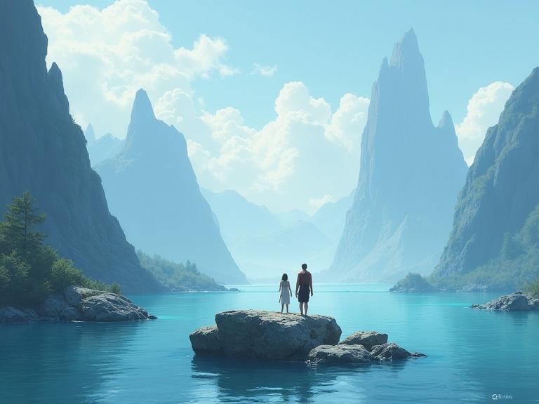 A serene fantastical landscape with tranquil water and floating rocks. Two people stand on a rock, gazing at the scenery. Dreamy atmosphere, pure colors, and questions about the world they navigate.