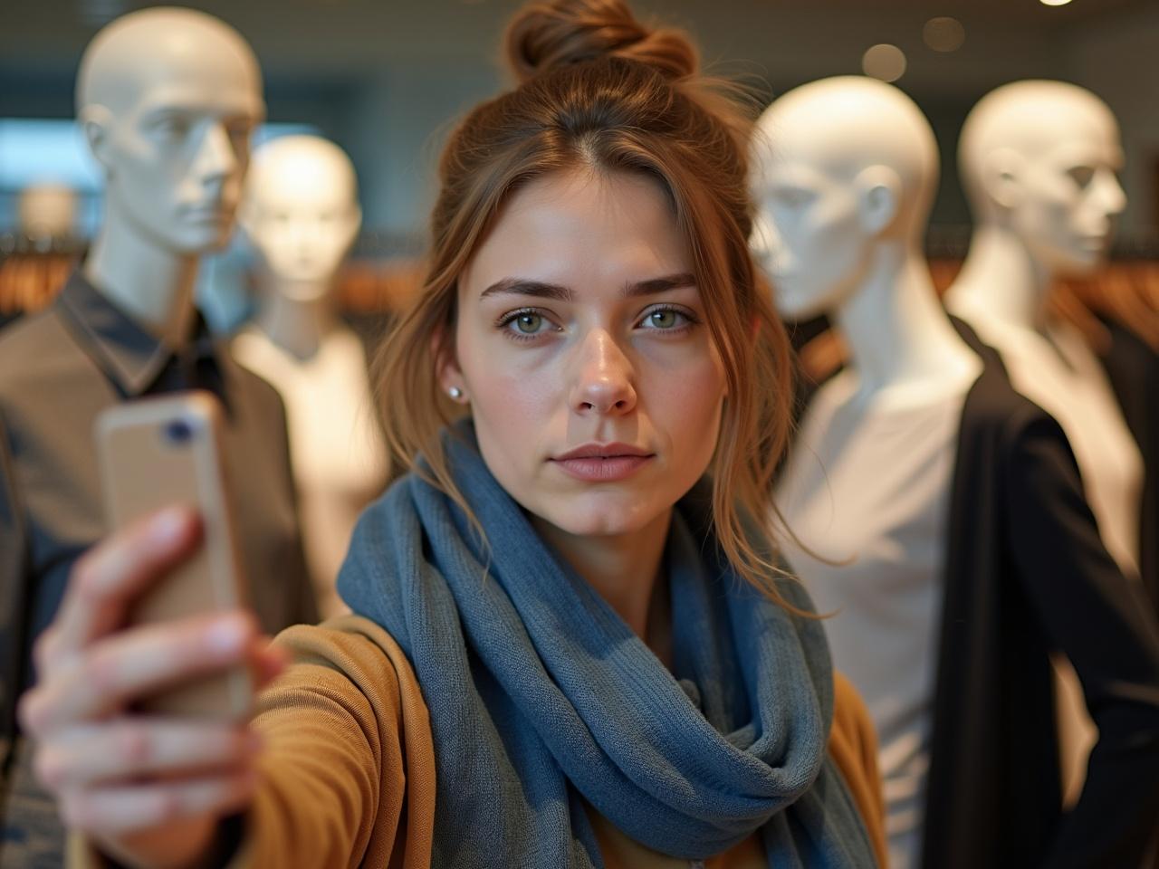 The image shows a young woman taking a selfie in a clothing store. She has long hair tied back neatly in a bun and is wearing a blue scarf. Her expression is calm and slightly serious as she looks into the camera. The background includes mannequins dressed in elegant clothing, indicating a focus on fashion. The lighting is bright, creating a warm atmosphere for shopping.