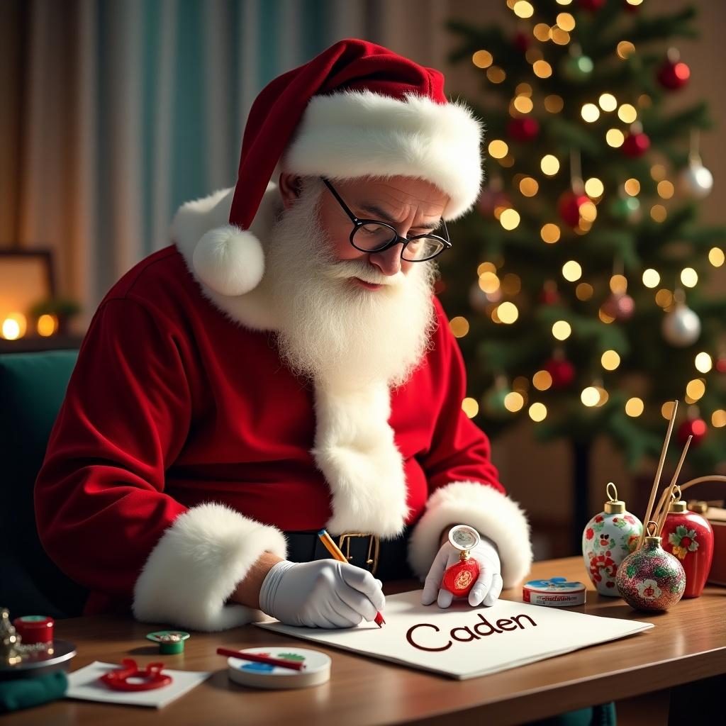 Santa is personalizing Christmas baubles by writing the name 'Caden'. The scene features a festive and cozy setting with a decorated Christmas tree and art supplies nearby.