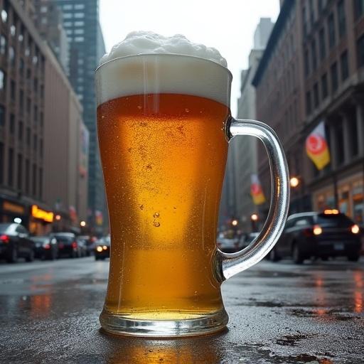 Beer mug larger than a building in New York streets. Shot from the sky. Urban setting with cloudy sky.