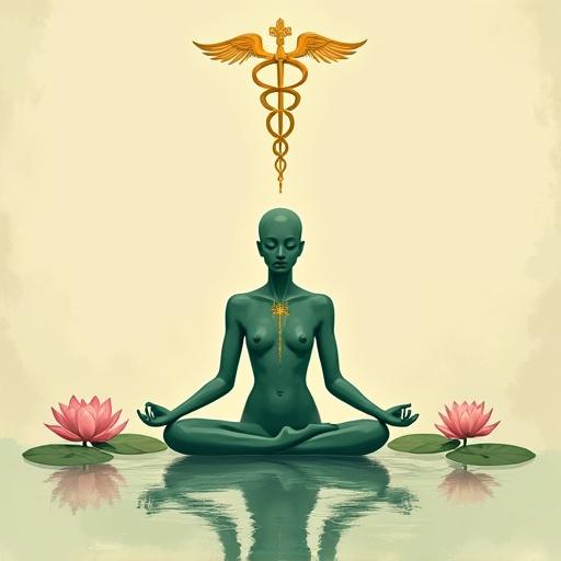 A teal-skinned figure sitting cross-legged in a meditative pose on calm water. Pink lotuses and lily pads surround the figure. A golden caduceus symbol rises along the figure's body. Background has a light beige texture, evoking vintage parchment feel. Artistic style blends ancient and modern elements with soft muted colors and fine detailing.