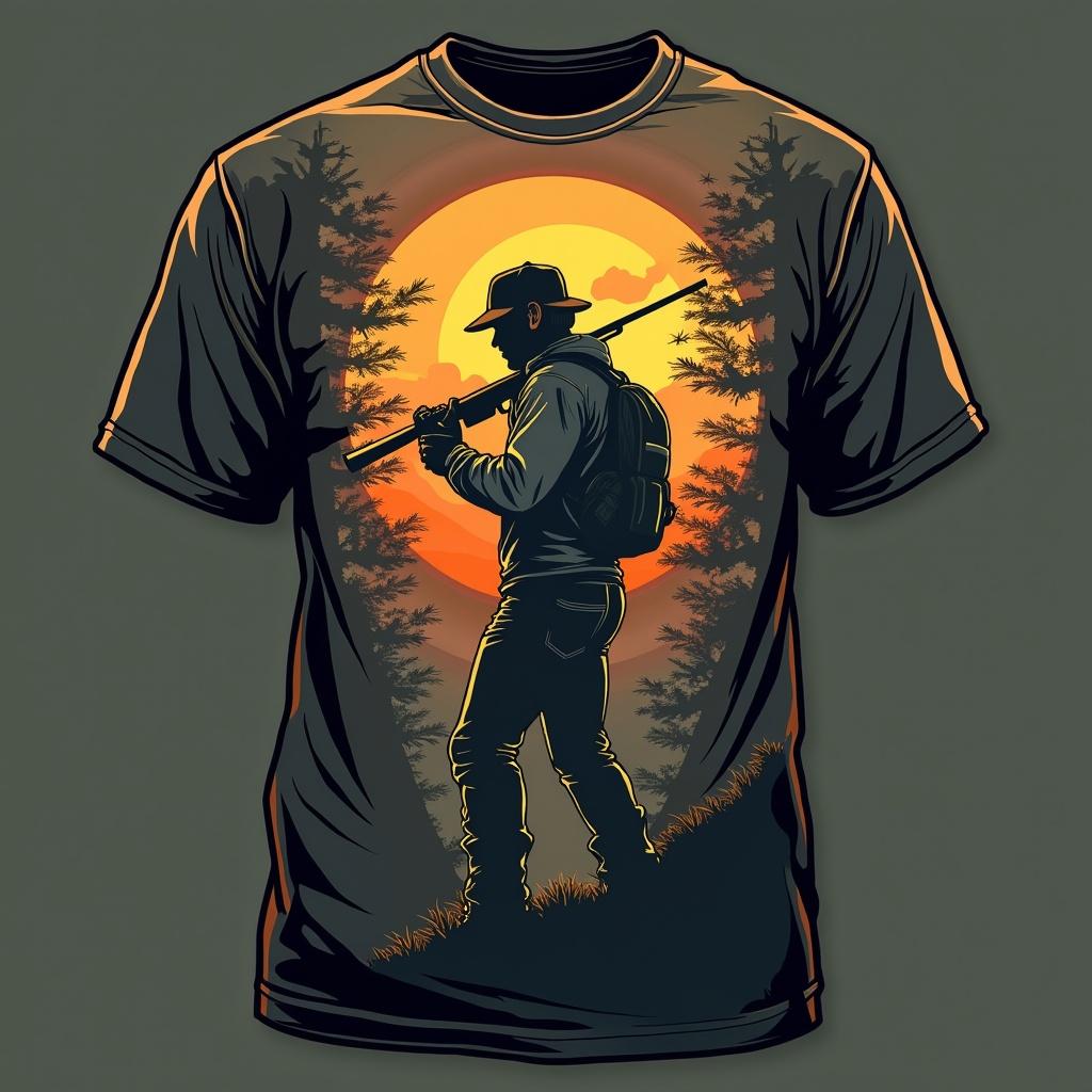 T-shirt design featuring a silhouette of a hunter with a fishing rod. Background shows a glowing sunset with trees.