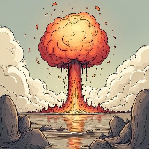 Illustrate a nuclear bomb explosion just prior to detonation. Various clouds surround the blast. The image shows the water surface reflecting the explosion. Rocks can be seen around the base of the explosion. The colors are vivid, showcasing reds and oranges.